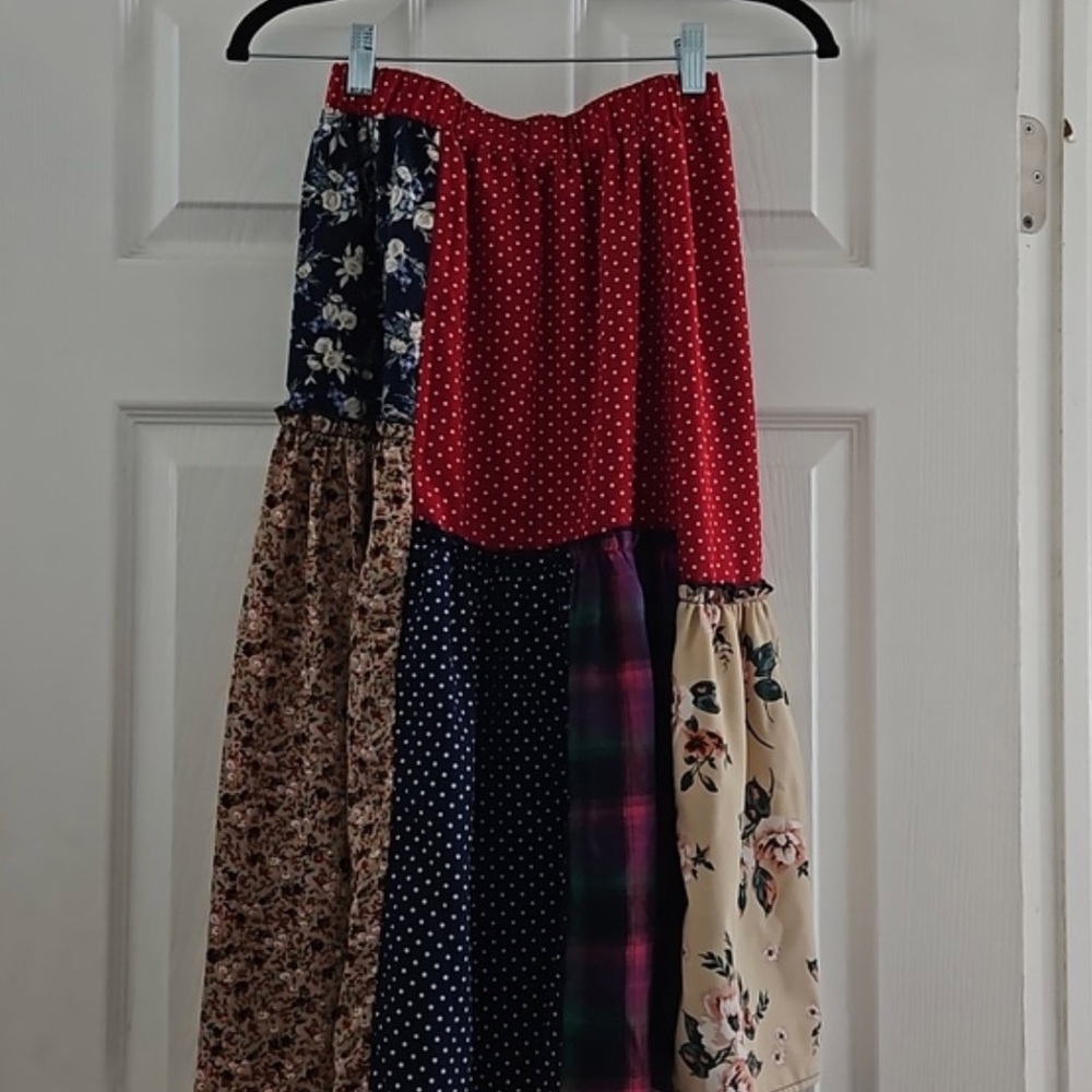 Patchwork Tiered Maxi Skirt - Red Multi